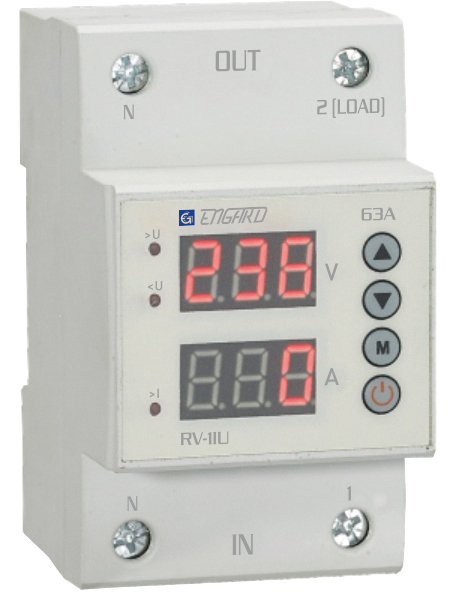 Реле напряжения и тока проходное с индикацией ENGARD RV-1IU 1Р+N 25A АС Стабилизаторы напряжения